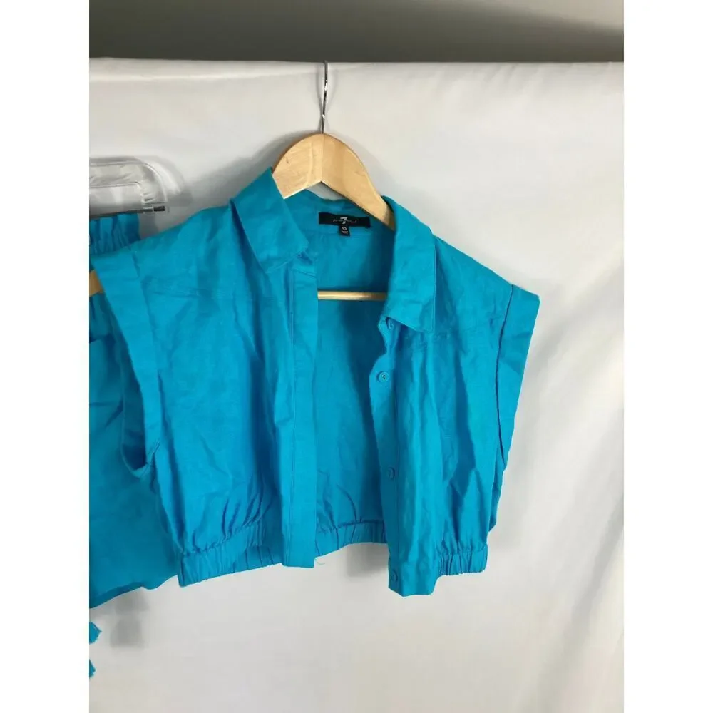 7 for All Mankind Linen Blend Blue Shorts and Button Up Crop top Set XS